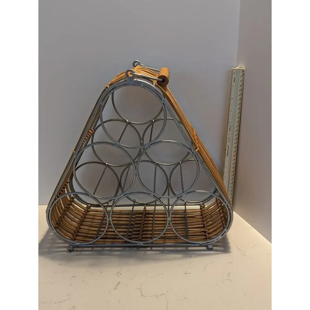 Wine Rack Wicker Bamboo Ratan Metal W/Handle Boho Modern Hippie Natural Earthy